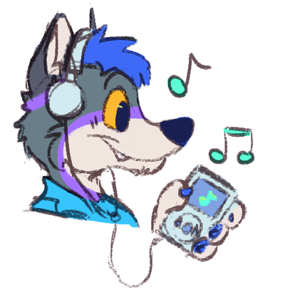 My fursona Blu listening to music on an iPod. He is wearing headphones that are not over his ears