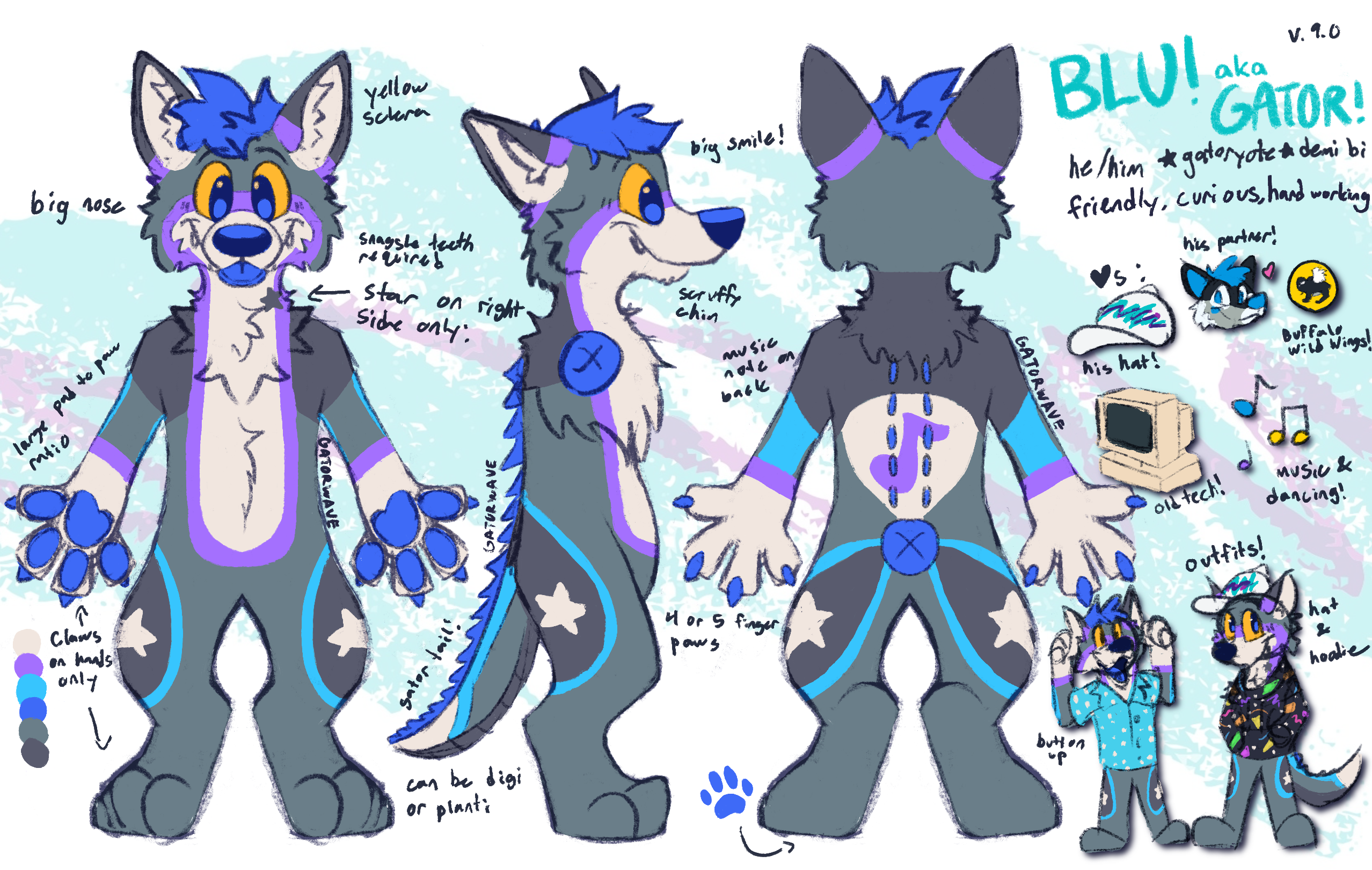 a 3-pose reference sheet of blu. he is standing with his arms out in the first, standing and looking to the right in the second, and standing with his arms out away from the camera in the third.